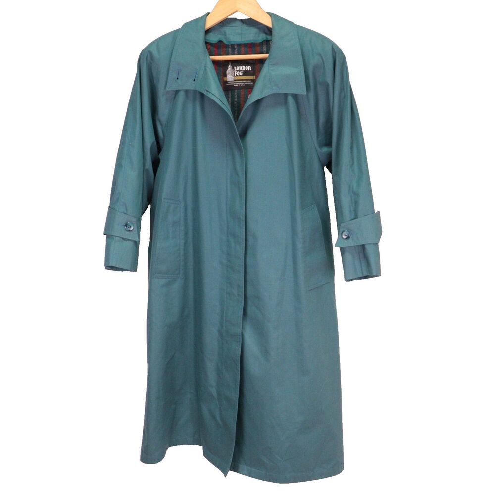 Vtg London Fog Long Trench OverCoat Sz 4 Petite Teal Sriped Knit Lining USA Made
